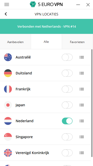 5 Euro VPN serverlijst screen