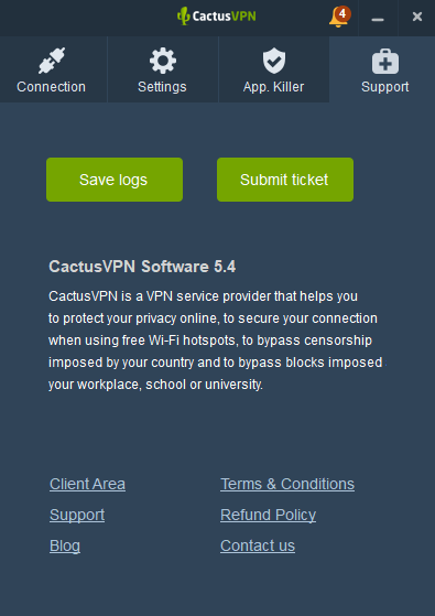 CactusVPN support screen