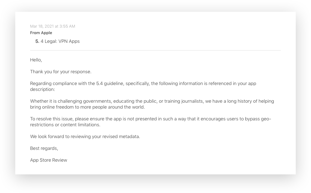 Carta de Apple a ProtonVPN sobre el bloque de actualización