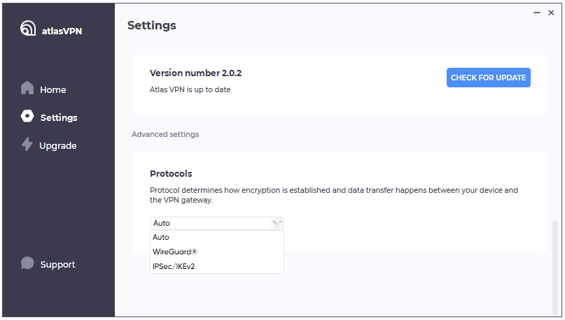 Atlas VPN connection protocols