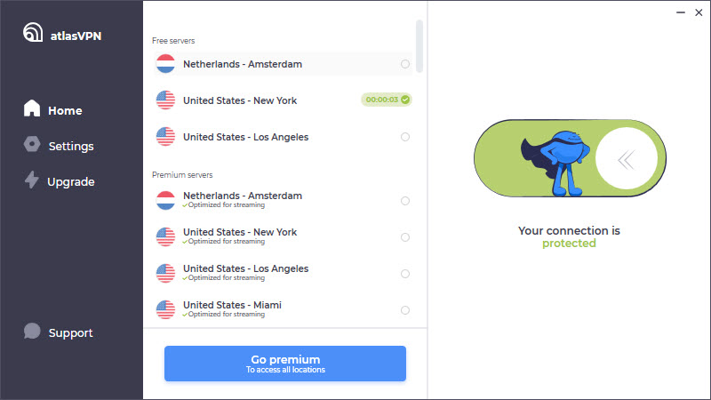 Atlas VPN server selection with the free app