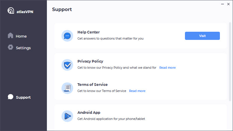 Atlas VPN in-app suppport