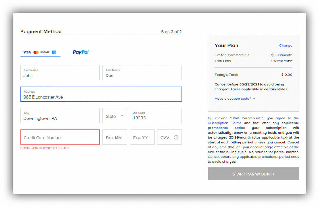 Paramount Plus free trial subscription form