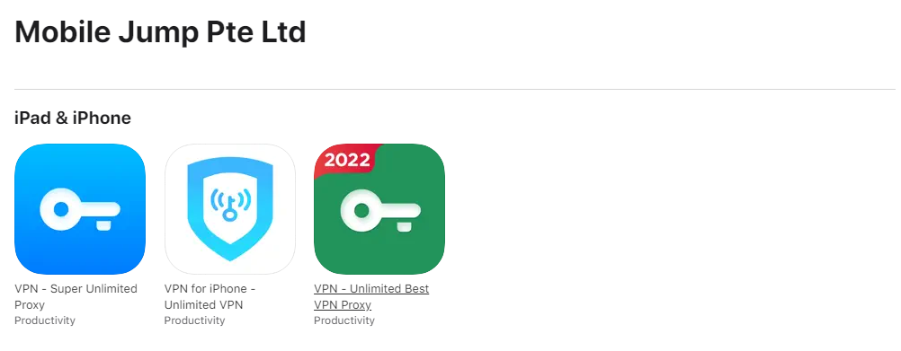 Mobile Jump VPN apps in Apple App Store