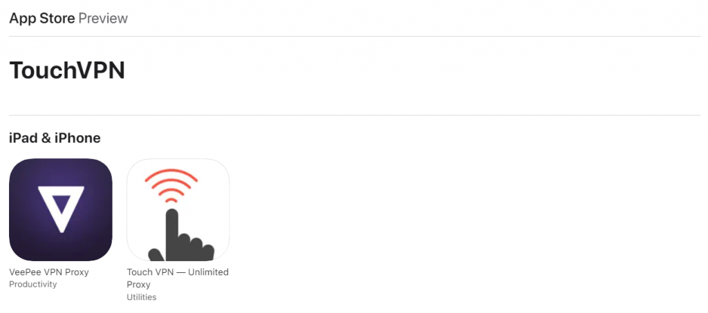 TouchVPN and VeePee VPN under same developer in App Store