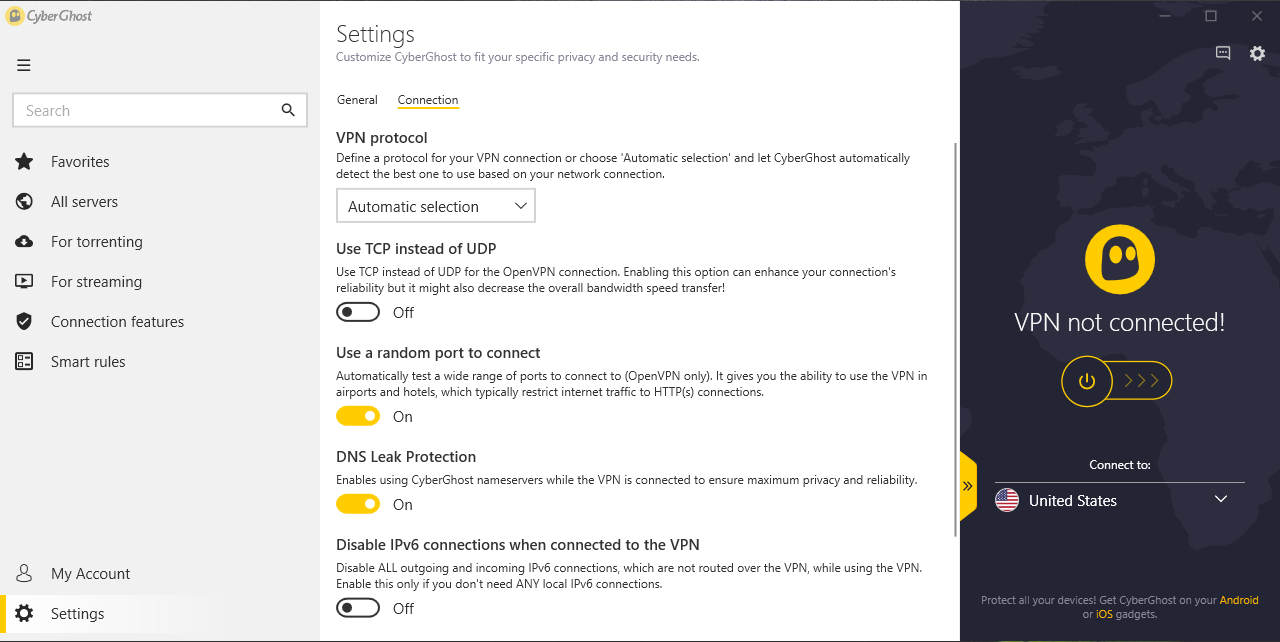 CyberGhost connection settings and protocols