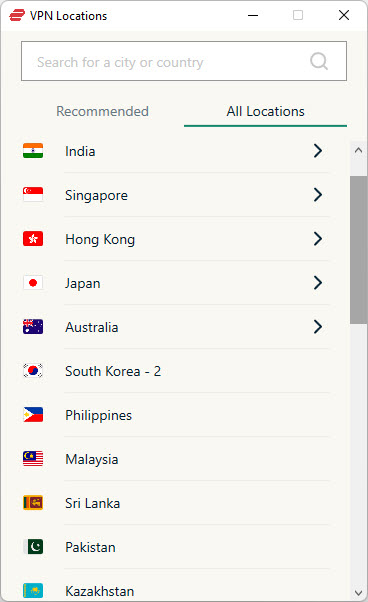 ExpressVPN servers in the Middle East and Asia Pacific