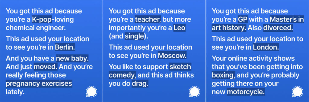 Other Signal ads about Facebook's privacy