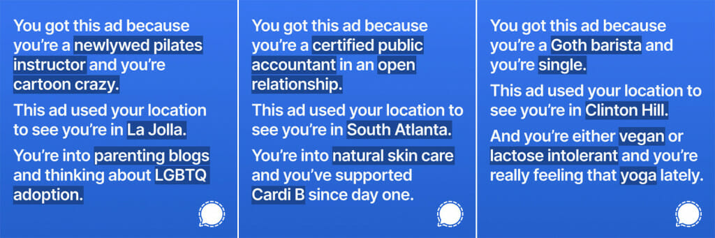 Reklamy Signal na Instagramie dotyczące prywatności Facebooka