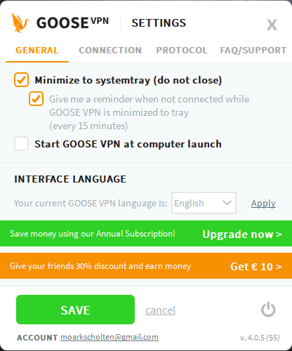 Ustawienia aplikacji Goose VPN