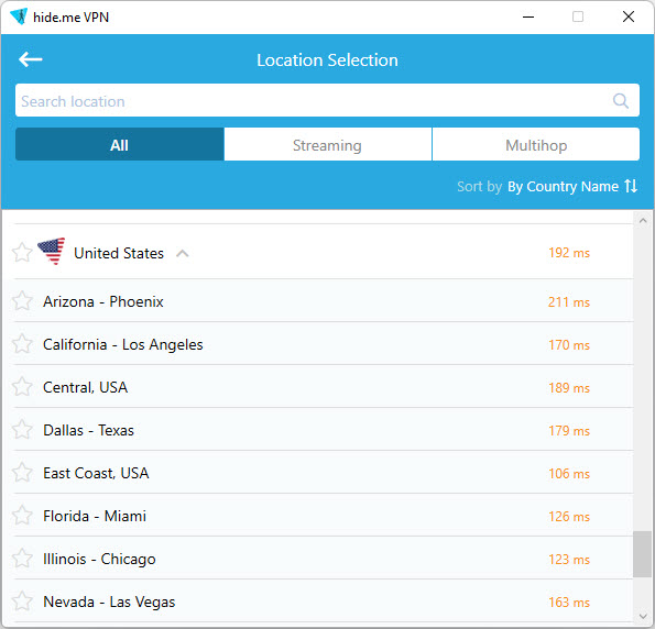 Hide.me servers in the US