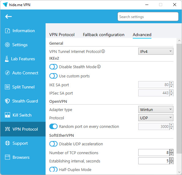 Advanced Hide.me VPN protocol configuration