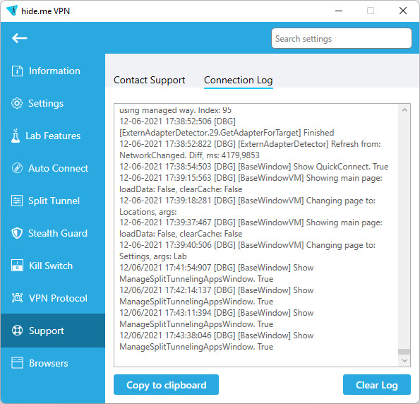 Hide.me VPN connection log