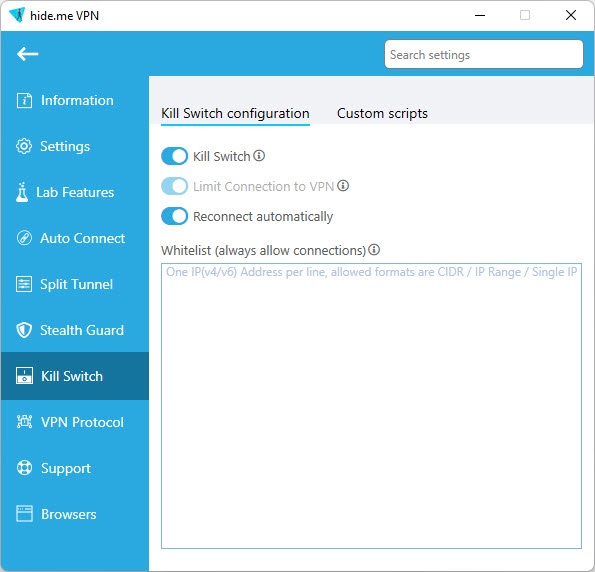 Hide.me VPN kill switch feature