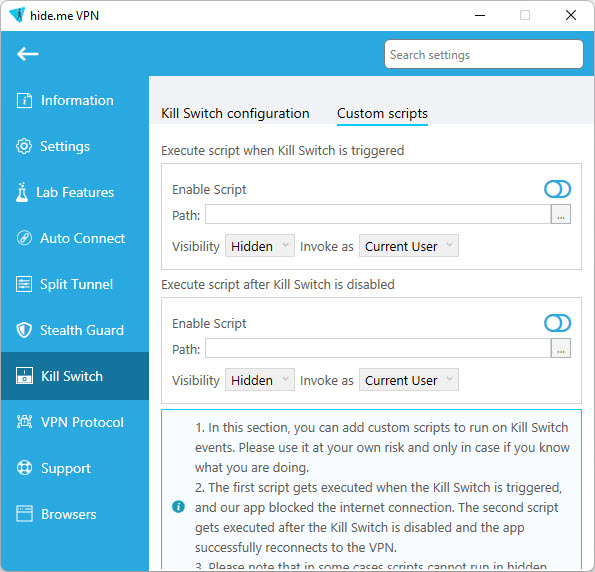 Kill switch custom script actions