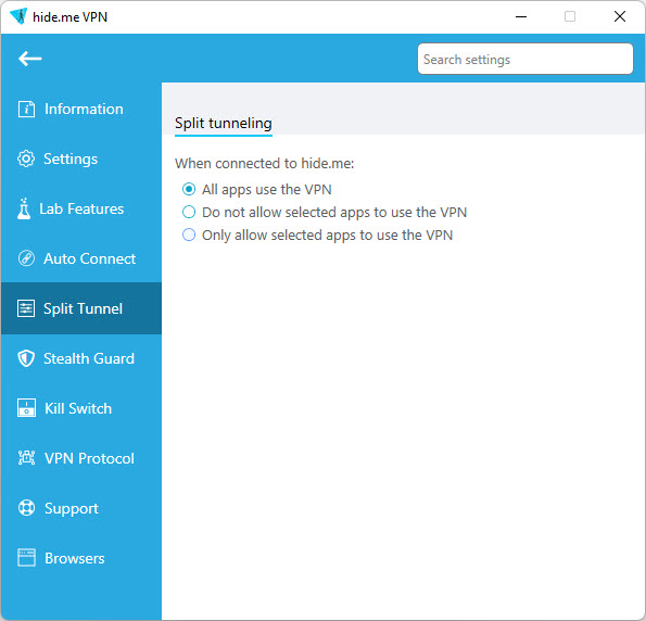 Hide.me split tunneling feature