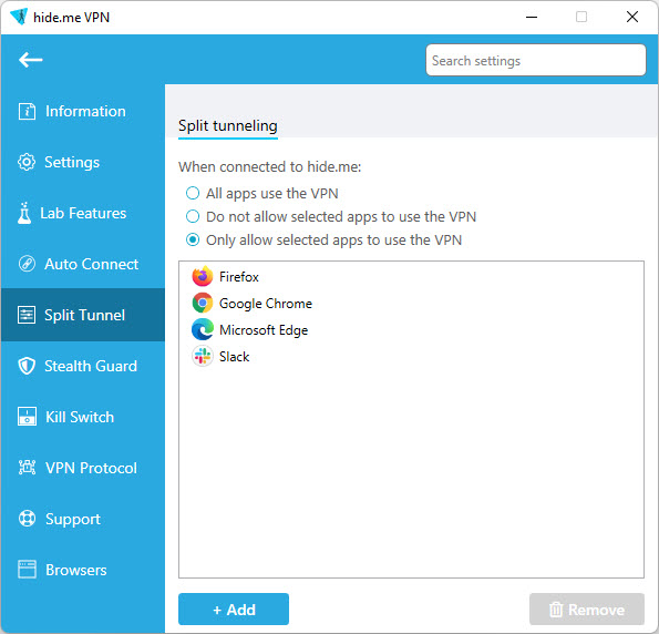 Hide.me split tunneling feature configured for apps