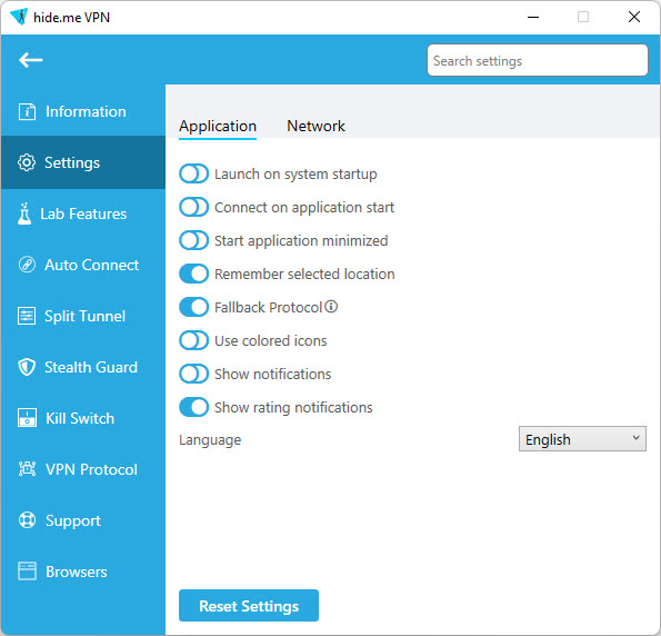 Hide.me VPN settings menu