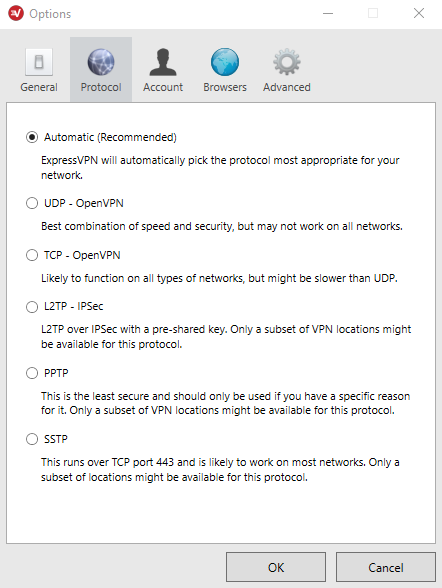 ExpressVPN bağlantı protokolü seçimi