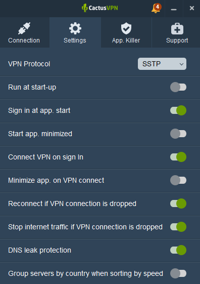 CactusVPN protocol selection and options