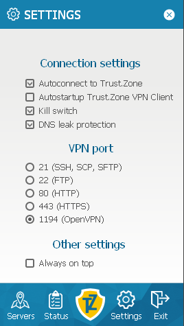 Trust.Zone connection settings and kill switch
