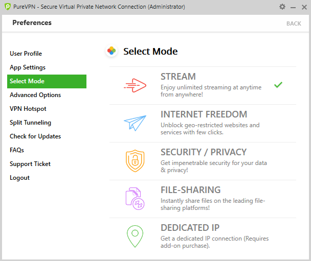 PureVPN modes