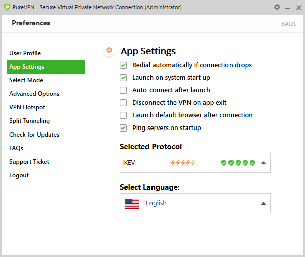 Képernyőkép a PUREVPN alkalmazásának beállításairól