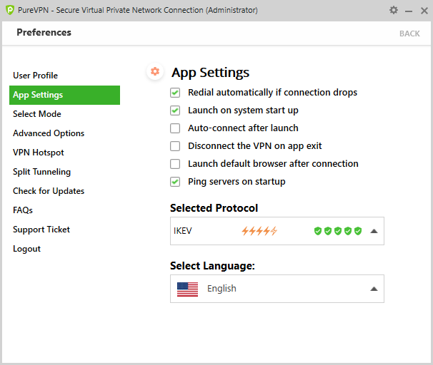 PureVPN app settings