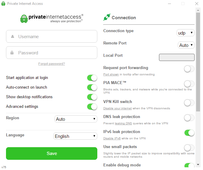 Private Internet Access settings