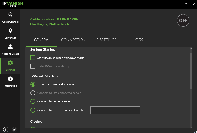 General server settings IPVanish