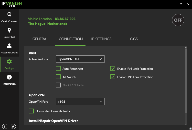 Connection servers settings screen IPVanish