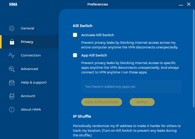 HMA VPN kill anahtarı özelliği