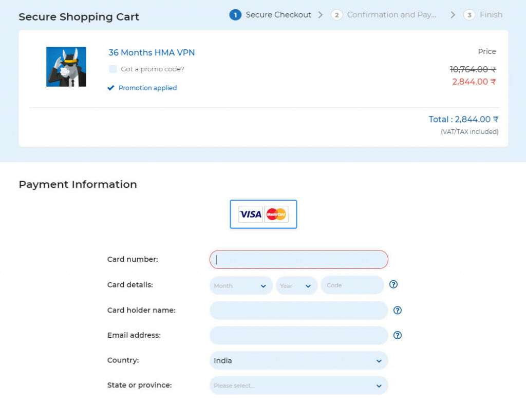 HMA payment options for India