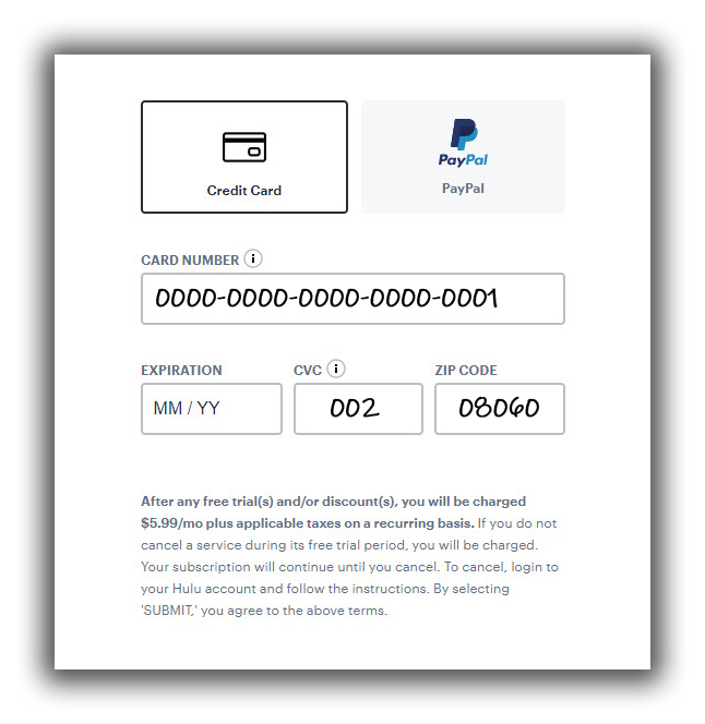 Conferma della carta di credito per l'abbonamento a Hulu
