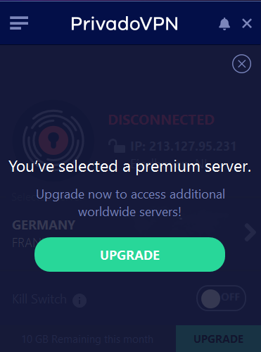 PrivadoVPN in-app upgrade message