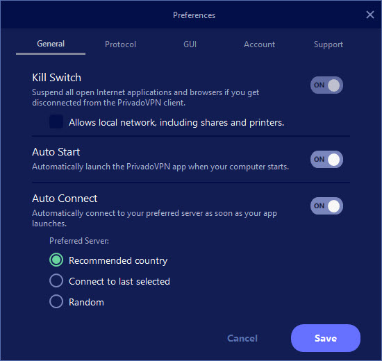 PrivadoVPN all connection features on