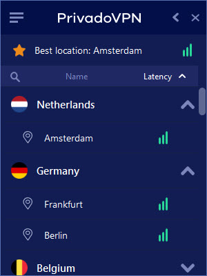 PrivadoVPN servers sorted by latency
