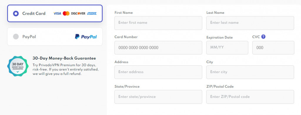 PrivadoVPN payment methods