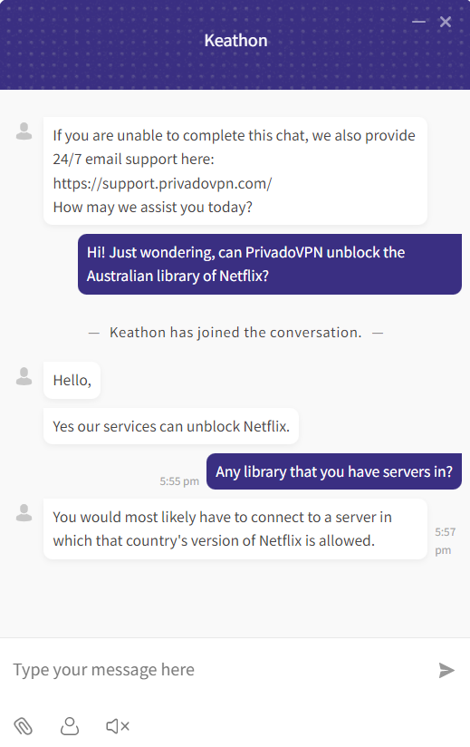 PrivadoVPN live chat support