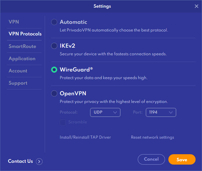 PrivadoVPN protocols