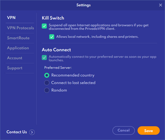 Impostazioni del kill switch di PrivadoVPN