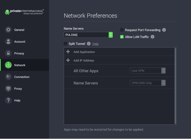 Private Internet Acces split tunneling feature