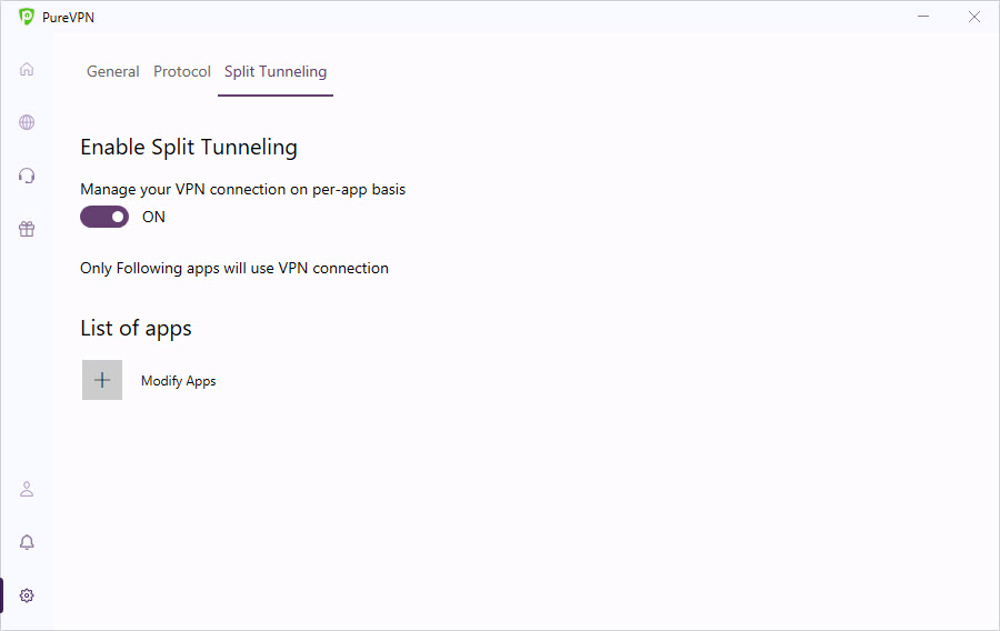 PureVPN split tunneling functie