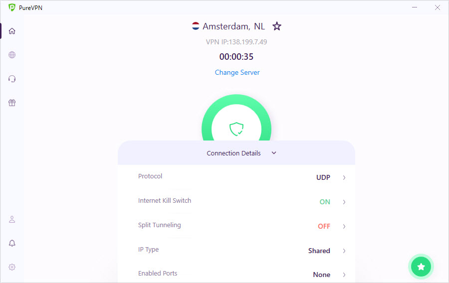 PureVPN Windows application connected
