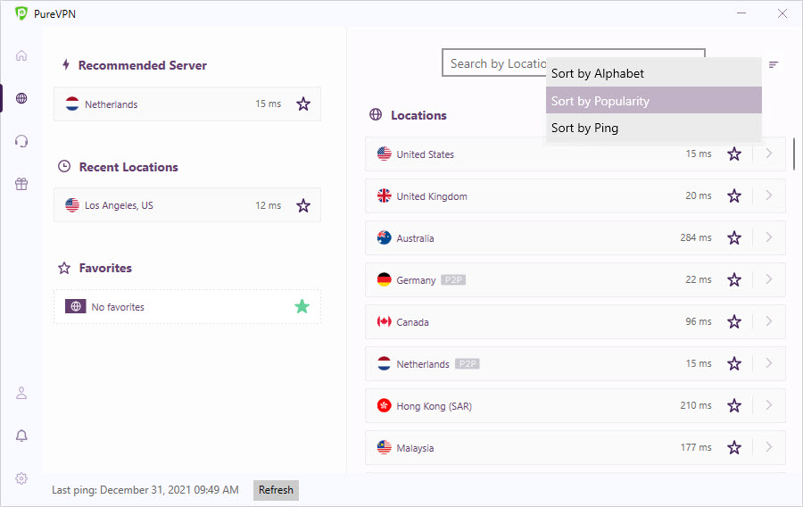 Server sorting by name, ping, and popularity