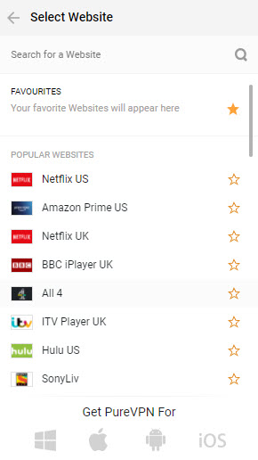 PureVPN popular websites in browser plugin