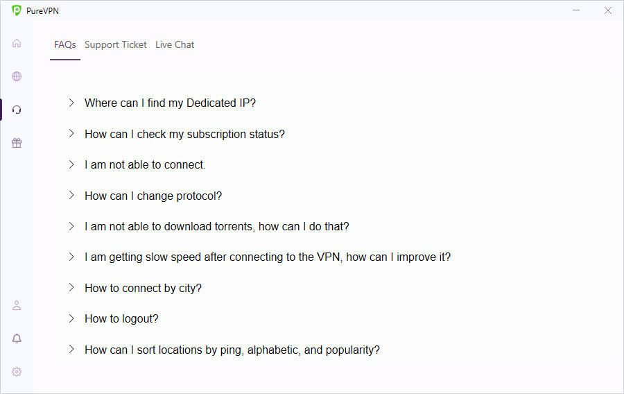 PureVPN in-app FAQs