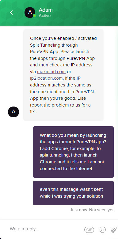 PureVPN's live chat support
