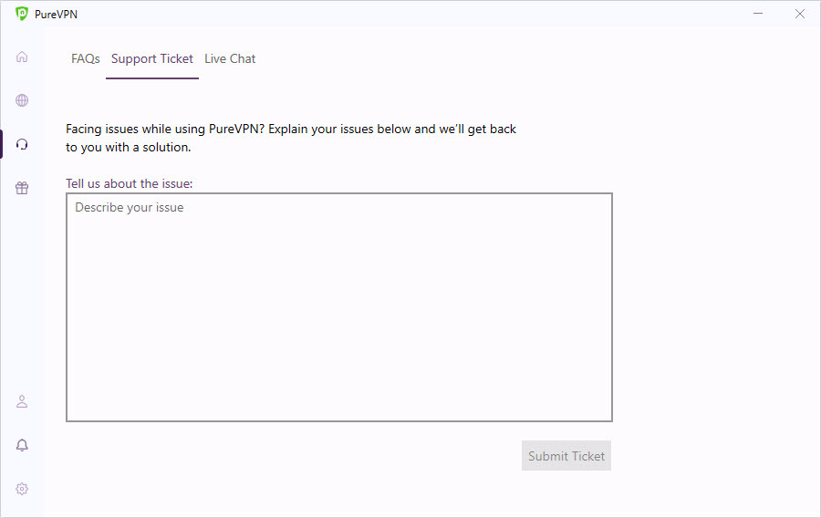 Support ticket in PureVPN app