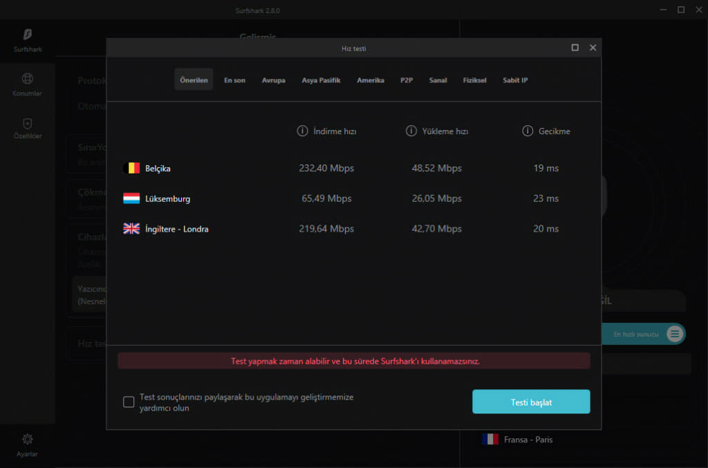 Surfshark yerleşik hız testi